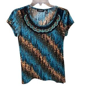 NOTATIONS Petite Small Beaded Scoop Neck Cap Sleeves Asymmetrical Hem Blouse PS